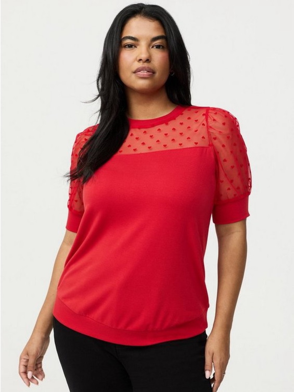 torrid Red Short-Sleeve Top with Sheer Polka-Dot Yoke